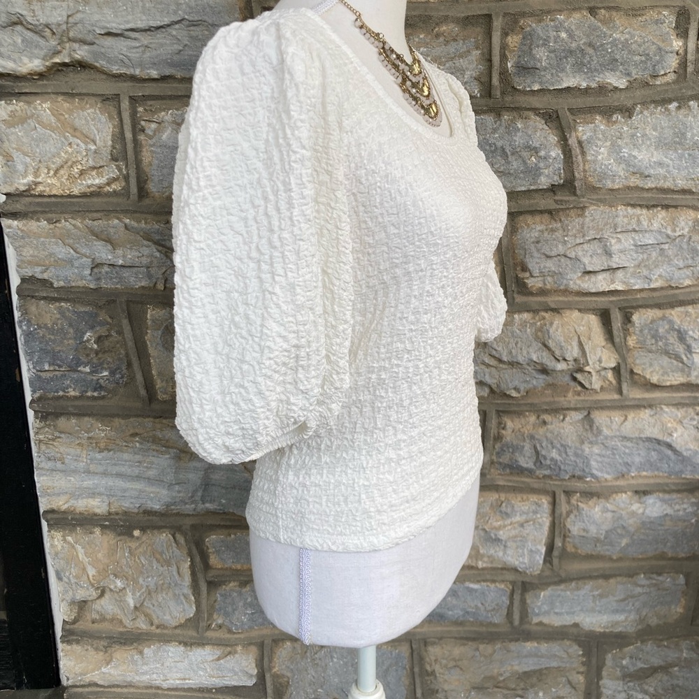 MAUVE x Anthropologie White Balloon-Sleeve Textured Top Cottagecore Resort - Picture 9 of 15